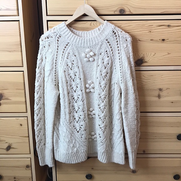 J. Crew Cable-knit Pointelle Sweater With Popcorn Flowers Cream Size Medium - Picture 3 of 10